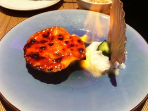 Grilled Scallops: masago & creamy spicy sauce flambé with whisky